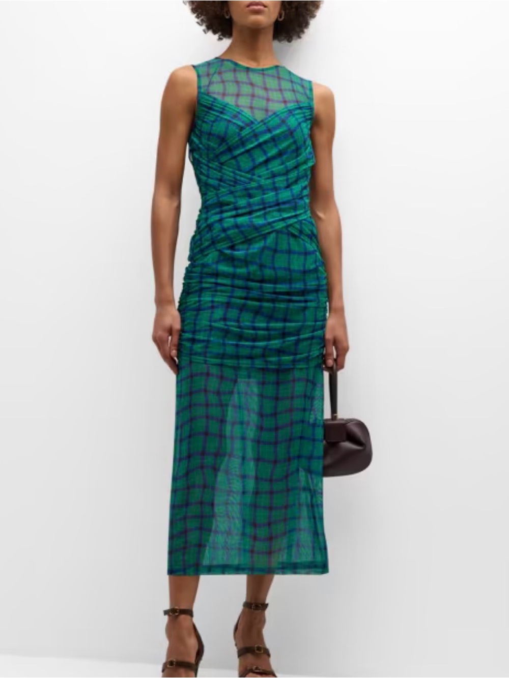 Simon Miller The Kinny Sheer Green Blue Plaid Wrap Midi Dress Size XXL